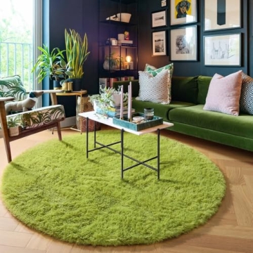 Grass Green Fluffy Round Rug for Kids Room 4'X4'