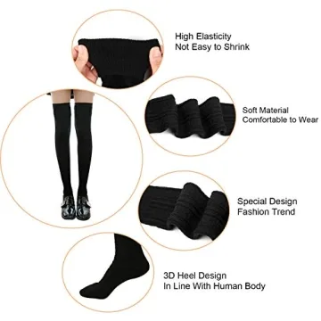 L-Lweik Black Thigh High Socks Stretchy Non-Slip Versatile