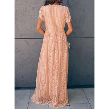 Bdcoco Women's V Neck Floral Lace Wedding Dress Short Sleeve Bridesmaid Evening Party Maxi Dress Pink Peach