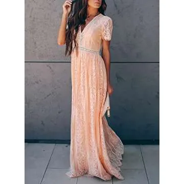 Bdcoco Women's V Neck Floral Lace Wedding Dress Short Sleeve Bridesmaid Evening Party Maxi Dress Pink Peach