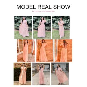 Bdcoco Women's V Neck Floral Lace Wedding Dress Short Sleeve Bridesmaid Evening Party Maxi Dress Pink Peach