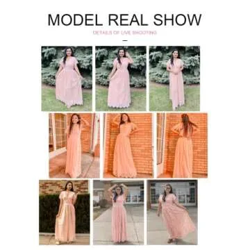 Bdcoco Women's V Neck Floral Lace Wedding Dress Short Sleeve Bridesmaid Evening Party Maxi Dress Pink Peach