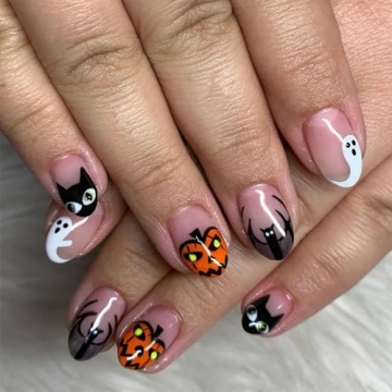 Halloween French Tips Press on Nails - Ghost Acrylic Short Almond Nail Set