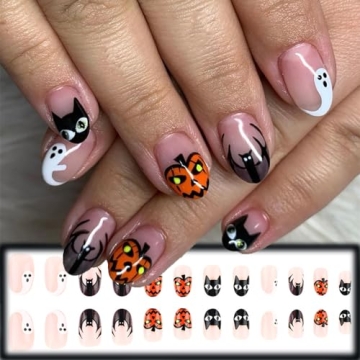 Halloween French Tips Press on Nails 24 Pcs for Women