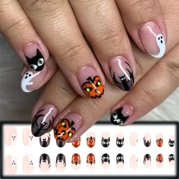 Halloween French Tips Press on Nails 24 Pcs for Women