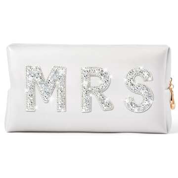 Y1tvei MRS Diamond Rhinestone Patch Letter Cosmetic Bag Sparkle Bride Toiletry Bag White Waterproof Makeup Bag Personalized Gift for Bridal Shower Wedding Bridesmaid Birthday Bachelor Party(X-Large)