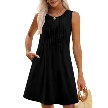 OFEEFAN Spring Dresses for Women Casual Summer Sundress Beach Fashion Vacation Black Pleated Trendy ...