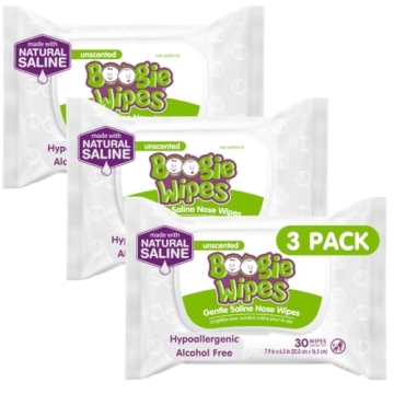 Saline Nose Wipes by Boogie, for Baby & Kids, Face, Hand & Body, FSA/HSA Eligible, Made with Vitamin E, Aloe, and Natural Saline, Unscented, 30 Count (Pack of 3)