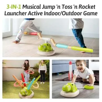 3-in-1 Musical Jump Toss Ring Game Rocket Launcher Toys for Kids Active Indoor/Outdoor Toys with Rem...