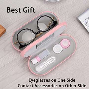 Muf 2 in 1 Contact Lens Case and Glasses Case,Double Sided Dual Use Design,Leak Proof & Portable,Tweezer and Contact Lens Solution Bottle Included for Travel Kit,Pink