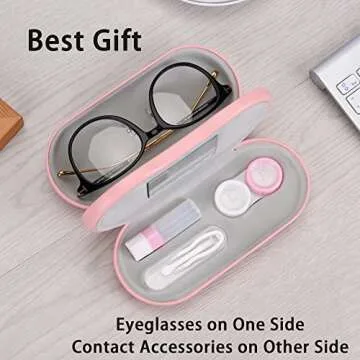 Muf 2 in 1 Contact Lens Case and Glasses Case,Double Sided Dual Use Design,Leak Proof & Portable,Tweezer and Contact Lens Solution Bottle Included for Travel Kit,Pink