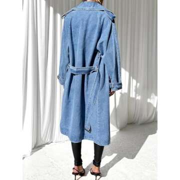 Fazortev Women's Long Double Breasted Denim Jacket Oversized Button Down Maxi Jean Coat Classic Lapel Outercoat