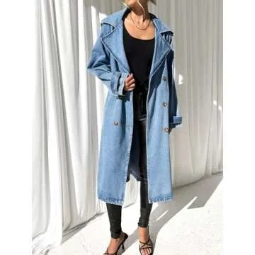 Fazortev Women's Long Double Breasted Denim Jacket Oversized Button Down Maxi Jean Coat Classic Lapel Outercoat