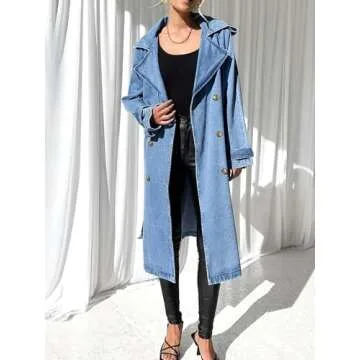 Fazortev Women's Long Double Breasted Denim Jacket Oversized Button Down Maxi Jean Coat Classic Lapel Outercoat
