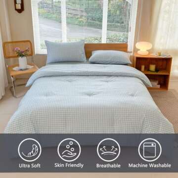 NSNLGSGC Queen Comforter Set, Light Blue Gingham Bedding Comforter Sets, Blue Grid Bed Comforter 3 P...