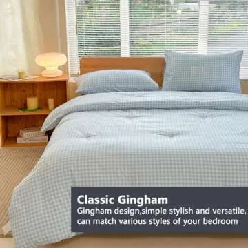 NSNLGSGC Queen Comforter Set, Light Blue Gingham Bedding Comforter Sets, Blue Grid Bed Comforter 3 Pieces (1 Comforter, 2 Pillowcases)