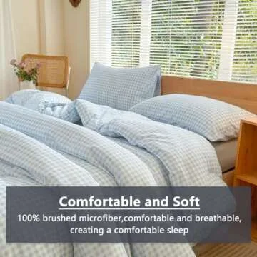 NSNLGSGC Queen Comforter Set, Light Blue Gingham Bedding Comforter Sets, Blue Grid Bed Comforter 3 Pieces (1 Comforter, 2 Pillowcases)