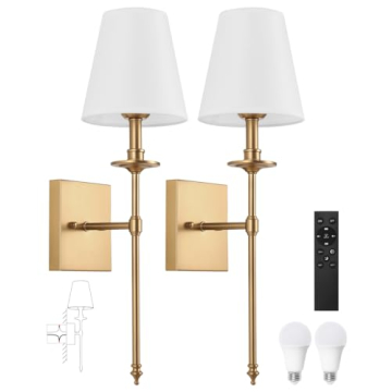 Wall Sconces Set of Two with Remote,Dimming 10-100% & Adjustable Colors 2700-6500K,Hardwired Wall Lamps White Fabric Shades,Wall Mounted Lamp with Night Light & Timer,Antique Brass,NOT Battery Powered