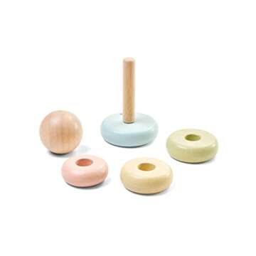 PlanToys First Stacking Rings Baby Toy - Sustainably Made from Rubberwood Featuring Organic-Pigment Coloring and Water-Based Dyes with Collapsible Central Rod for Safety
