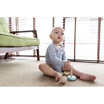 PlanToys First Stacking Rings Baby Toy - Sustainably Made from Rubberwood Featuring Organic-Pigment Coloring and Water-Based Dyes with Collapsible Central Rod for Safety