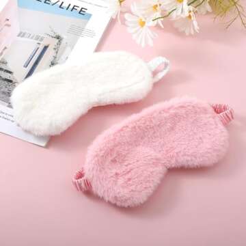 2 Pcs Plush Fluffy Eye Mask Soft Sleeping Blindfold Eye Cover Comfortable Furry Faux Fur Sleeping Mask Satin Nap Night Eyeshade Cover for Women Men Gift (White, Pink)