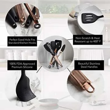 COOK WITH COLOR Silicone Cooking Utensils, Kitchen Utensil Set, Easy to Clean Silicone Kitchen Utensils, Cooking Utensils for Nonstick Cookware, Kitchen Gadgets Set, Mini, Black