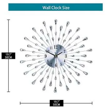 FLEBLE Large Wall Clocks for Living Room Decor Modern Silent Wall Clock Battery Operated Non-Ticking for Bedroom Kitchen Office Home Decoration 20 Inch Silver Drop Crystal Wall Watch for Indoor