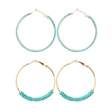 2 Pairs Bohemian Colorful Beads Circle Round Hoop Earrings Gold Hoop Dangle Earrings for Women Vinta...