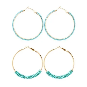 2 Pairs Bohemian Colorful Beads Circle Round Hoop Earrings Gold Hoop Dangle Earrings for Women Vinta...