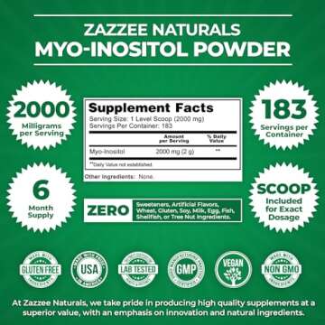 Zazzee Myo-Inositol Powder, 6 Month Supply, 183 Servings, 2000 mg per Serving, Free Scoop for Exact ...