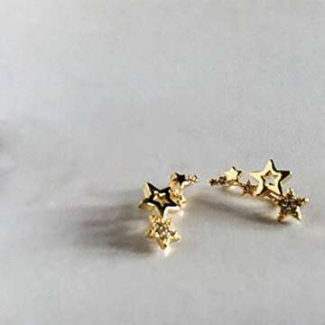 Longfu Fashion Jewelry Ear Crawlers Crystals Gold/Silver Plated Curved Vine Bar Stars Earrings Cuff CZ Rhinestone Climber Stars Earrings (Gold)…
