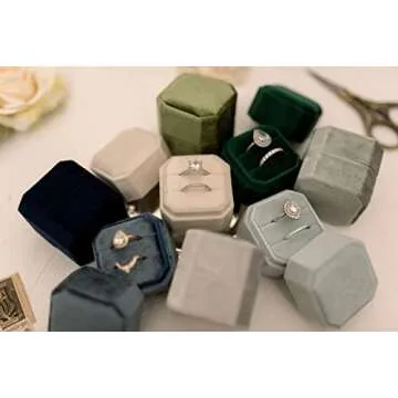 Velvet Ring Box - Elegant Vintage Octagon Display Holder for Jewelry - Double Storage - Perfect for ...