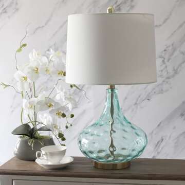 Elegant Designs LT3217-BLU 24" Modern Refined Bubbly Colored Glass Table Lamp with White Linen Tapered Drum Shade