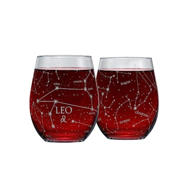 Leo Stemless Wine Glasses Set Hand Etched - Astrology Gift