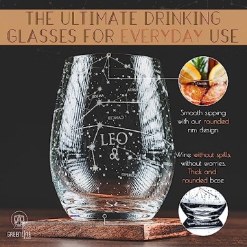Leo Stemless Wine Glasses Set Hand Etched - Astrology Gift