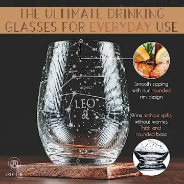 Leo Stemless Wine Glasses Set Hand Etched - Astrology Gift