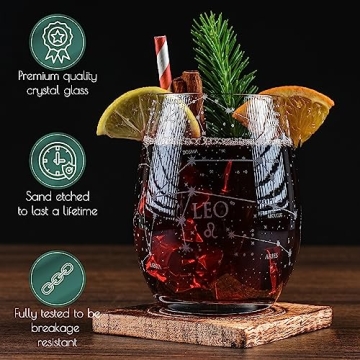 Leo Stemless Wine Glasses Set Hand Etched - Astrology Gift