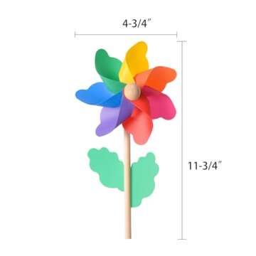 Jucoan 20 Pack Rainbow Pinwheels, 9.8 Inch Plastic Colorful Pinwheels with Wood Sticks, Pre-Assembled Party Favor Wind Spinners for Garden, Yard Decoration
