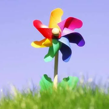 Jucoan 20 Pack Rainbow Pinwheels, 9.8 Inch Plastic Colorful Pinwheels with Wood Sticks, Pre-Assembled Party Favor Wind Spinners for Garden, Yard Decoration