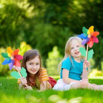 Jucoan 20 Pack Rainbow Pinwheels, 9.8 Inch Plastic Colorful Pinwheels with Wood Sticks, Pre-Assembled Party Favor Wind Spinners for Garden, Yard Decoration