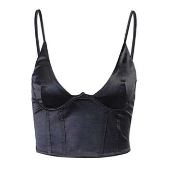 Meladyan Women Sexy Spaghetti Strap Satin Crop Corset V Neck Sleeveless Crop Bustier Slim Fit Clubwe...