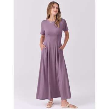 ANRABESS Women's Summer Casual Dress Short Sleeve Crewneck Pleated Waisted Swing Flowy 2025 A Line Beach Maxi Long Dresses Purple Small