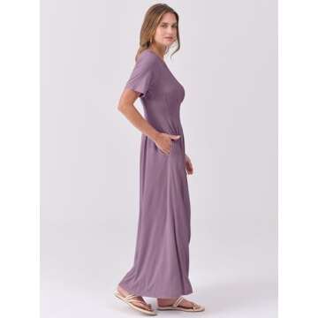 ANRABESS Women's Summer Casual Dress Short Sleeve Crewneck Pleated Waisted Swing Flowy 2025 A Line Beach Maxi Long Dresses Purple Small