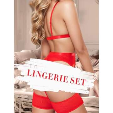popiv Women's Sexy Lingerie Set with Garter Belt Matching Bra and Panty Lingeries Sets 4 Piece Red