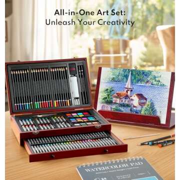 147 Piece Deluxe Art Set, Art Supplies Wooden Art Box, Drawing Painting Kit with Sketch Pad, Waterco...
