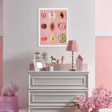 Funky Pink Fruit Canvas Wall Art, Food Fruity Sliced Posters Prints Painting, Preppy Women Body Posi...