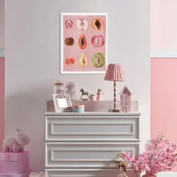 Funky Pink Fruit Canvas Wall Art, Food Fruity Sliced Posters Prints Painting, Preppy Women Body Posi...