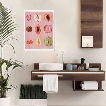 Funky Pink Fruit Canvas Wall Art, Food Fruity Sliced Posters Prints Painting, Preppy Women Body Positivity Picture Wall Decor for Kitchen Bedroom Living Room 12x16In Framed