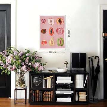 Funky Pink Fruit Canvas Wall Art, Food Fruity Sliced Posters Prints Painting, Preppy Women Body Positivity Picture Wall Decor for Kitchen Bedroom Living Room 12x16In Framed
