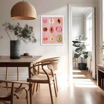 Funky Pink Fruit Canvas Wall Art, Food Fruity Sliced Posters Prints Painting, Preppy Women Body Positivity Picture Wall Decor for Kitchen Bedroom Living Room 12x16In Framed